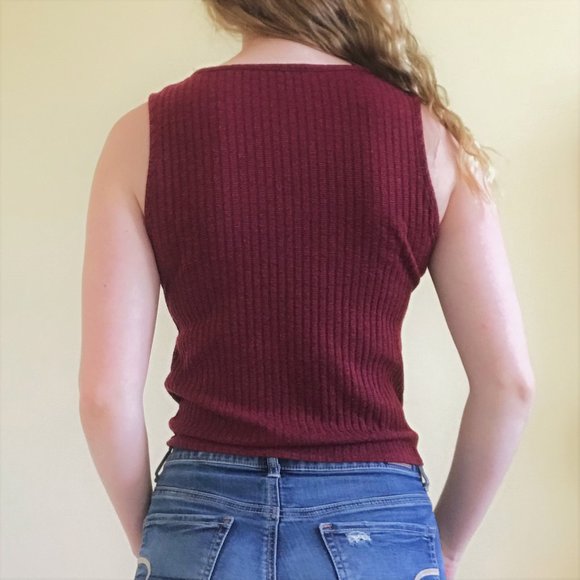 Burgundy Knit/Ribbed Tank Top, Tie, Front Buttons - Picture 2 of 4